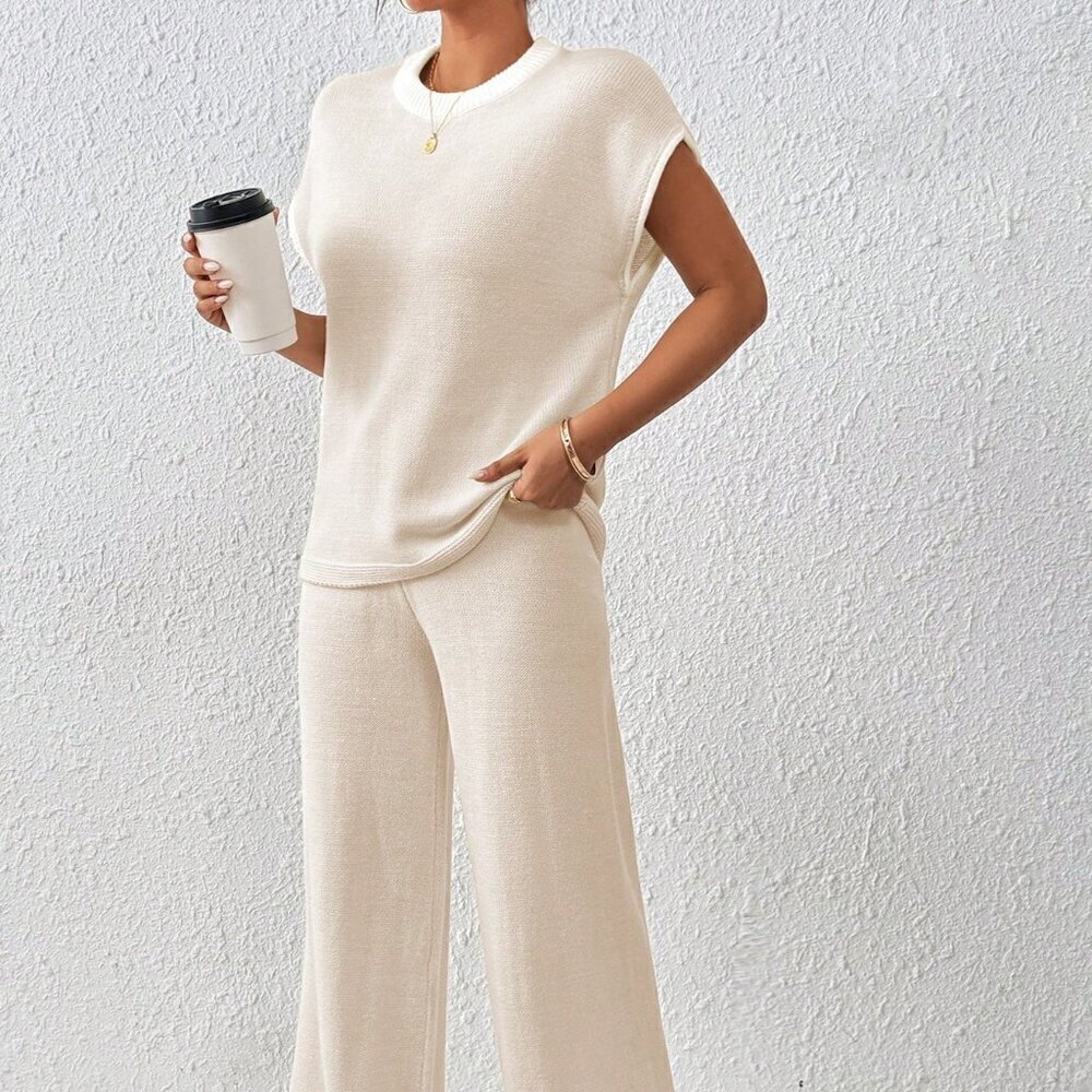 Apricot Casual Women's Loose-Fit Color Block Knitwear Set With Drawstring Hem - Picture 3 of 7